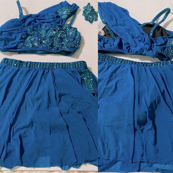 Glamour solo 2 piece dance costume teal blue lyrical embellished bling MA adult - Picture 3 of 11